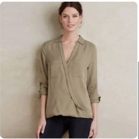 Anthropologie Holding Horses Army Green Celina Faux Wrap Blouse - Picture 3 of 3